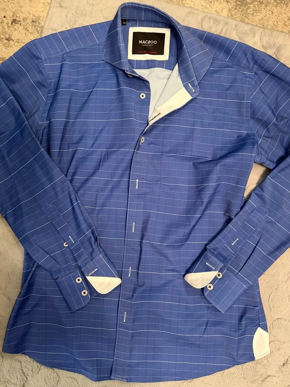 MACEOO Men's Blue Windowpane Dress Shirt size 3/M!